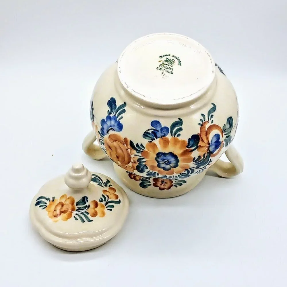 Vintage Wloclawek Poland Handpainted Faience Floral Ceramic Covered Vase